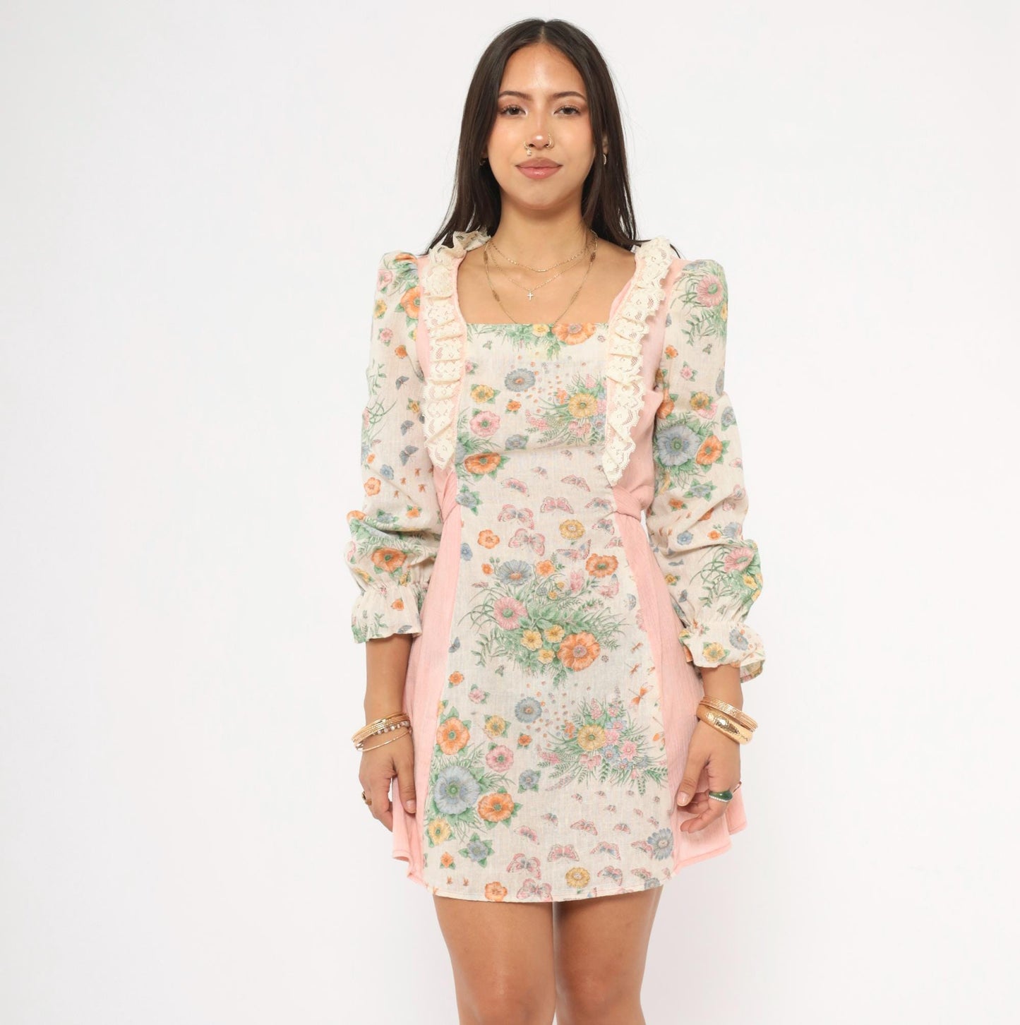 70s Floral Butterfly Mini Dress Pink Cream Puff Sleeve Square Neck Cotton Small