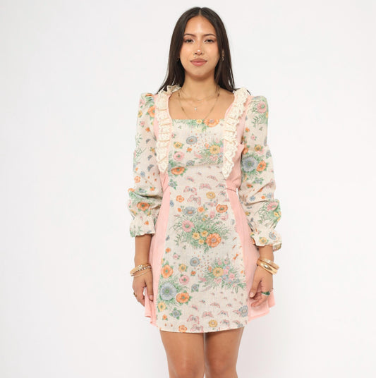 70s Floral Butterfly Mini Dress Pink Cream Puff Sleeve Square Neck Cotton Small