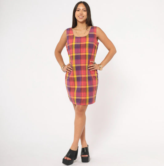 90s For Petes Sake Plaid Mini Dress Linen Scoop Neck Purple Yellow Pink Small