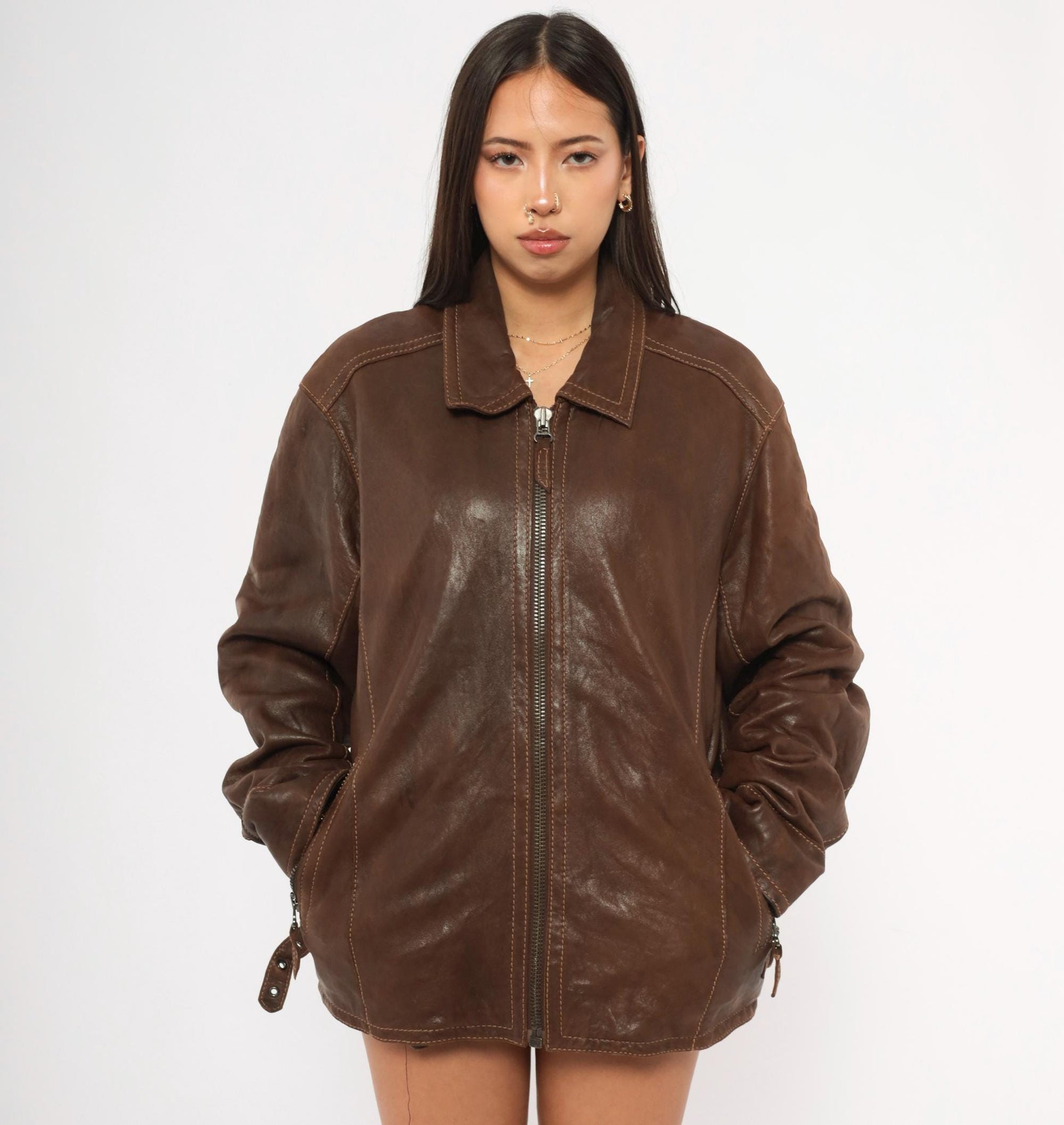 Y2K Wilsons Brown Leather Moto Jacket Paneled Spread Collar Large L