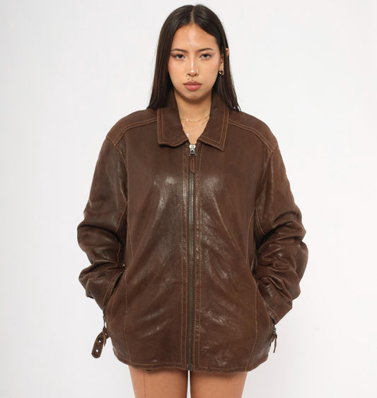 Y2K Wilsons Brown Leather Moto Jacket Paneled Spread Collar Large L
