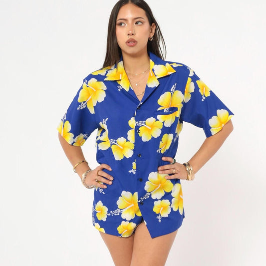 90s Hawaiian Hibiscus Camp Collar Shirt Cobalt Blue Yellow Floral Medium