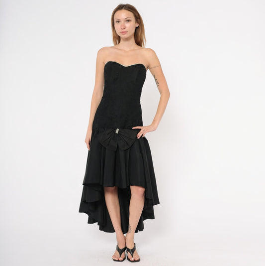 80s Jolie Madame Black Strapless Gown Lace Bodice Rhinestone Trim Small