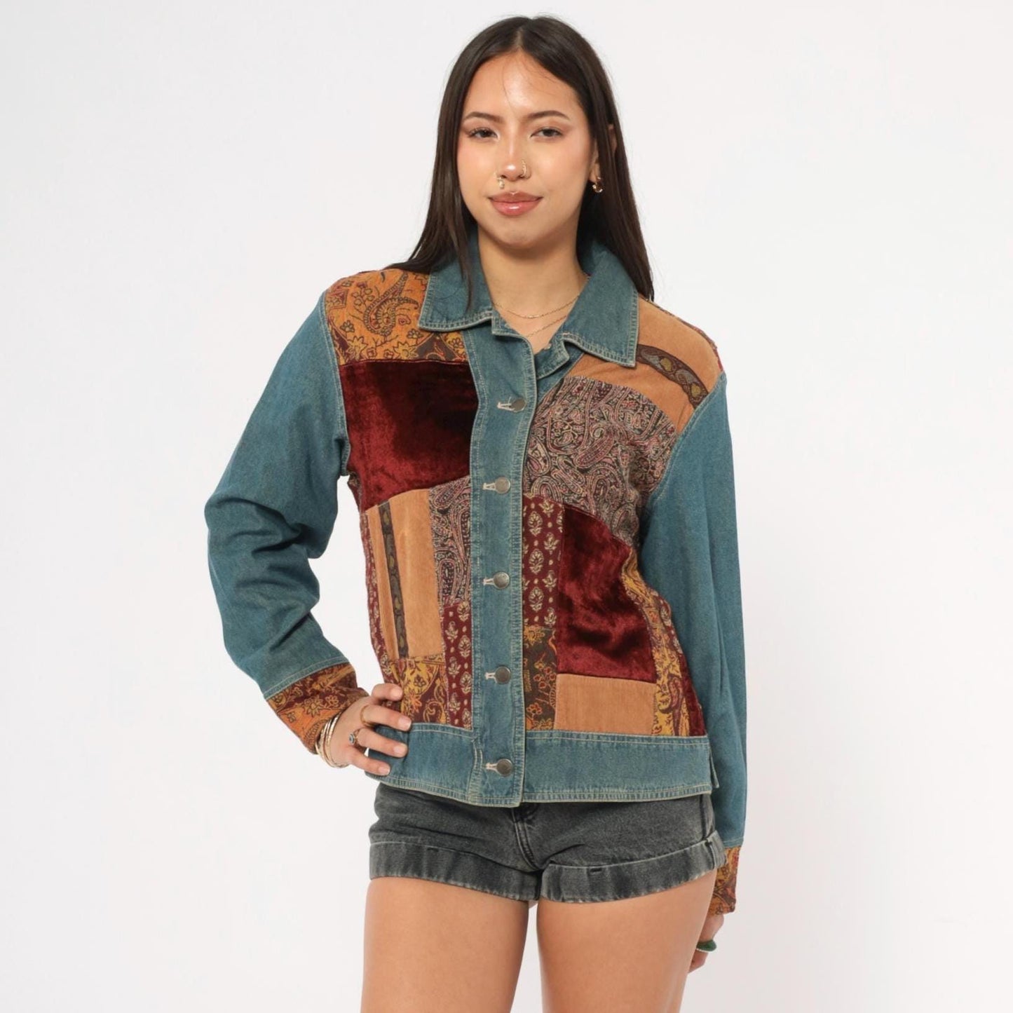 2000s Out Of The Blue Patchwork Denim Jacket Velvet Corduroy Paisley Small S