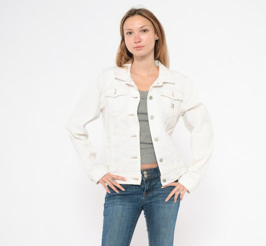 2000s Carhartt Denim Jacket White Contrast Stitch Trucker Medium M