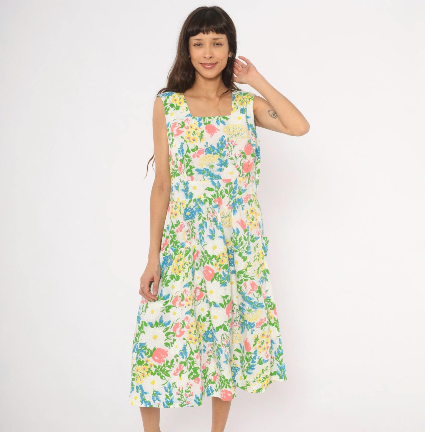 70s New Perspective Floral Midi Sundress Square Neck Pleated Cotton Pink Blue Large L