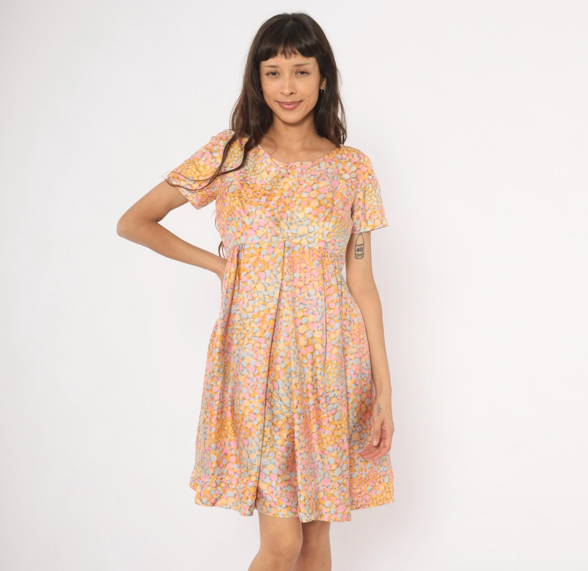 60s Silk Babydoll Dress Pebble Print Orange Pink Blue Mini Scoop Neck Medium M