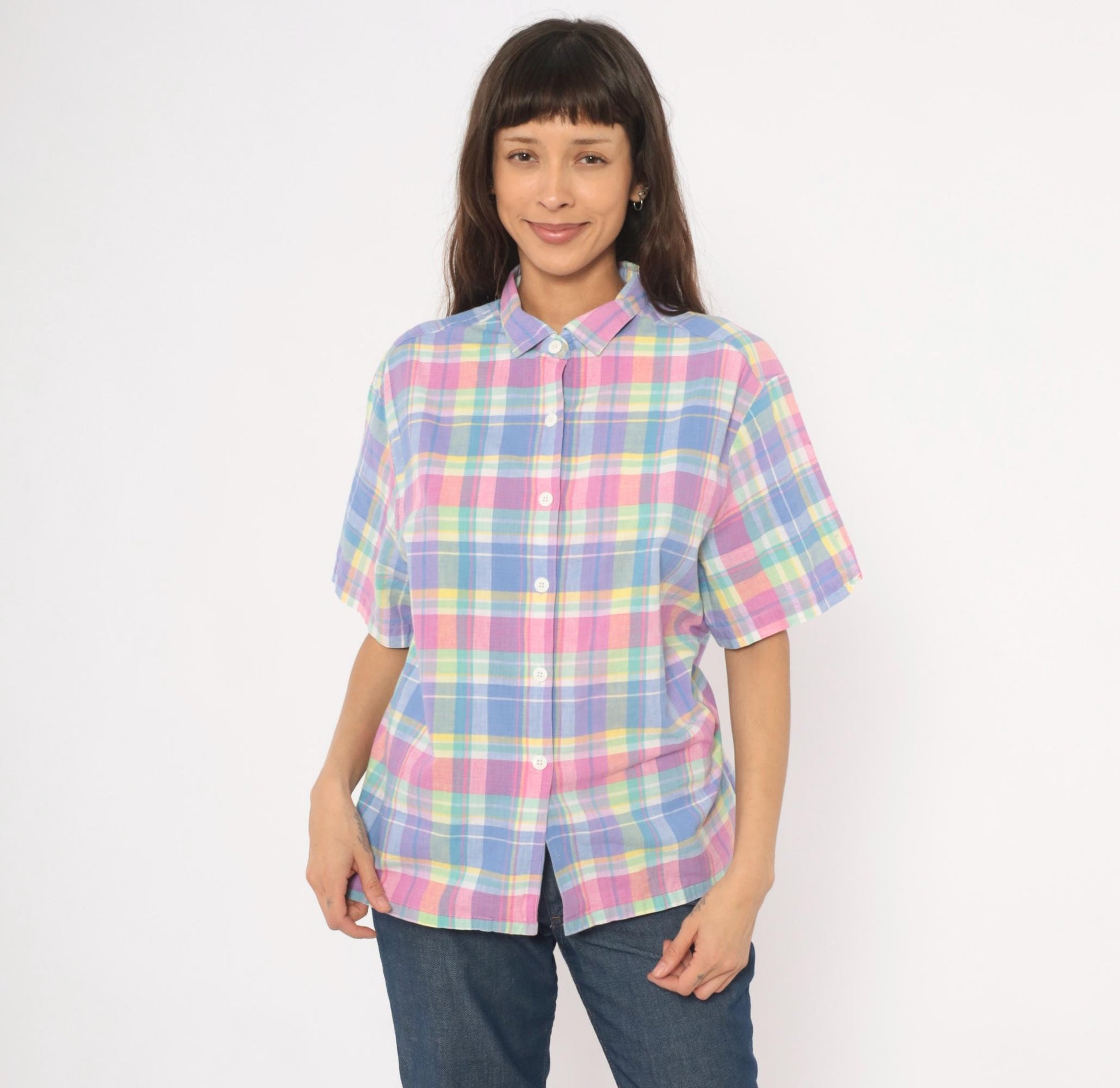 80s Jessica Tyler Madras Plaid Button-Up Blouse Pink Lavender Blue Cotton Large L