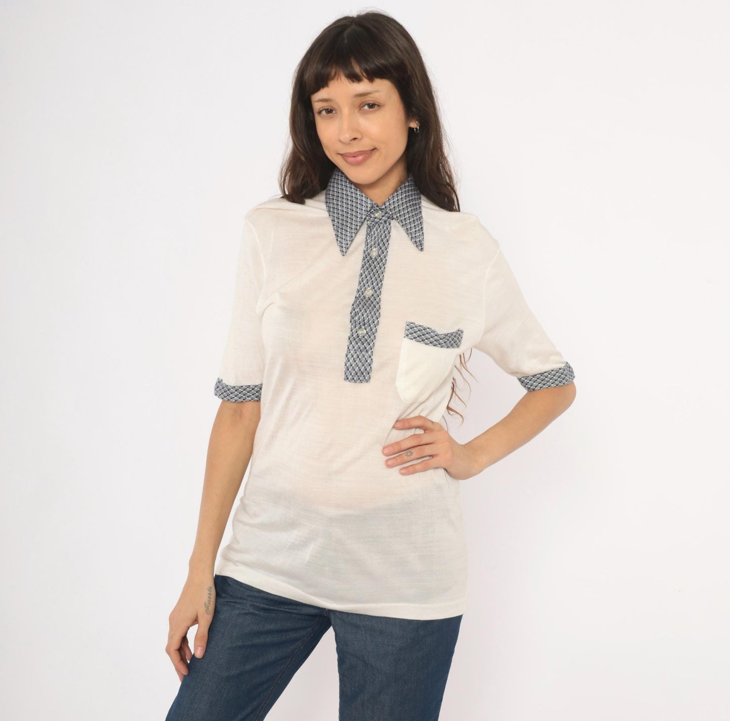 80s Drummond Houndstooth Polo Cream Navy Check Collar Knit Blouse Medium