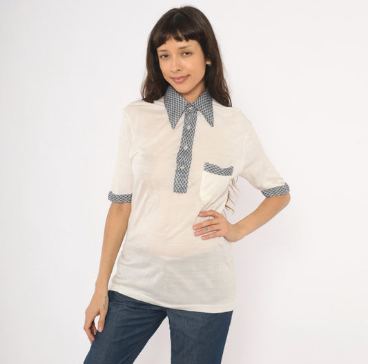 80s Drummond Houndstooth Polo Cream Navy Check Collar Knit Blouse Medium