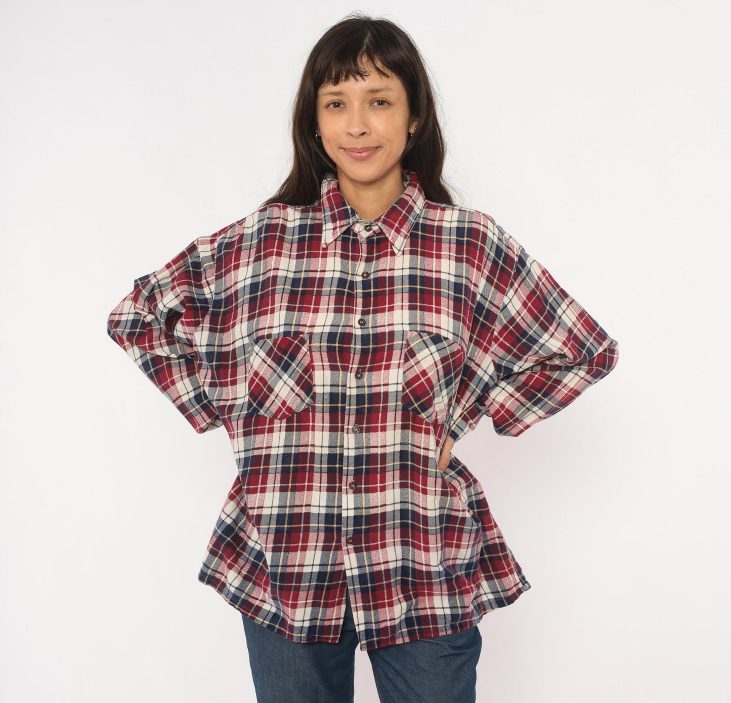 90s Dickies Flannel Shirt Red Navy Cream Plaid Cotton XL