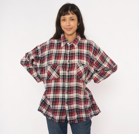90s Dickies Flannel Shirt Red Navy Cream Plaid Cotton XL