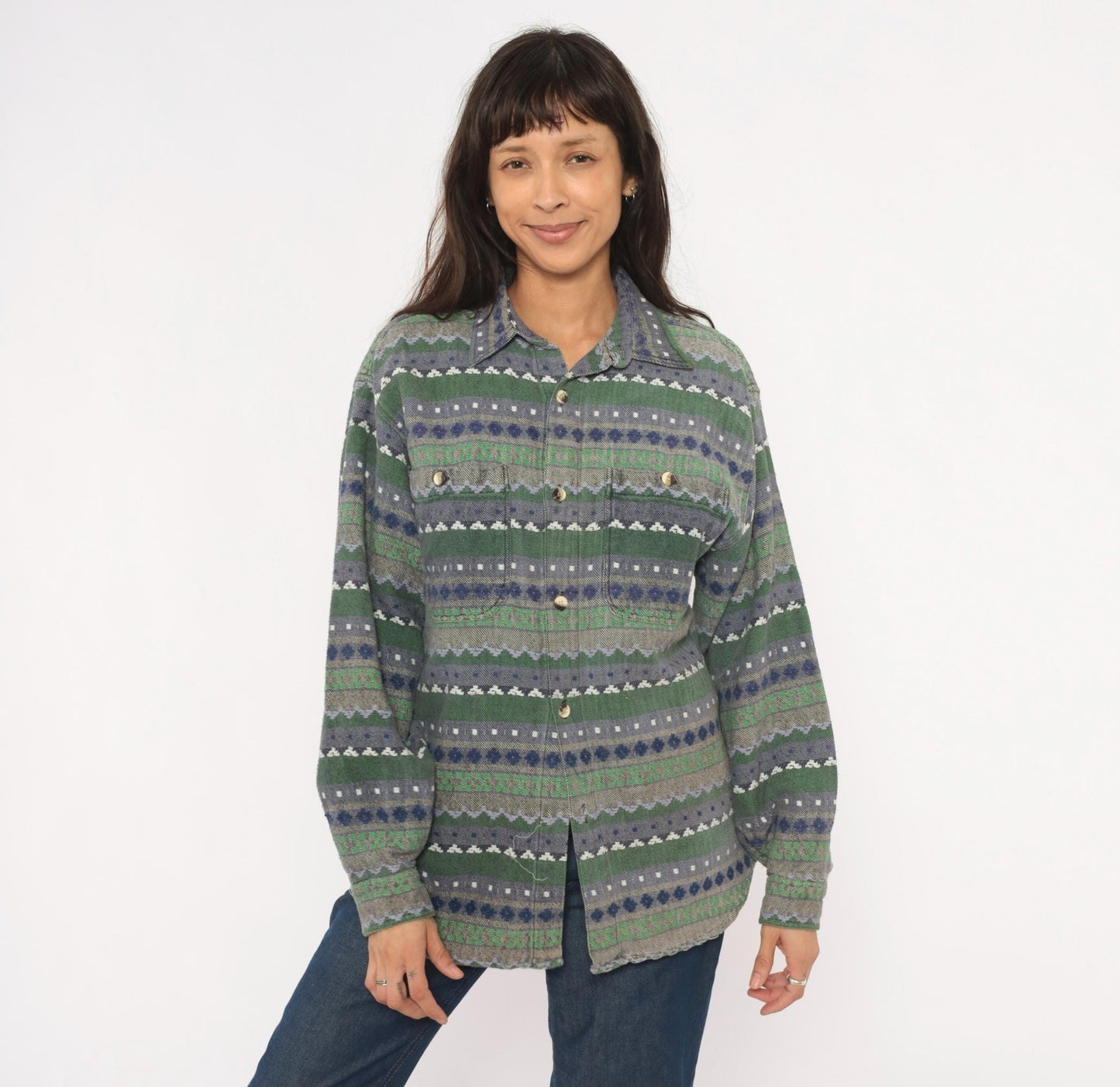 90s Point Zero Geometric Flannel Shirt Green Navy Jacquard Folk Pattern Medium