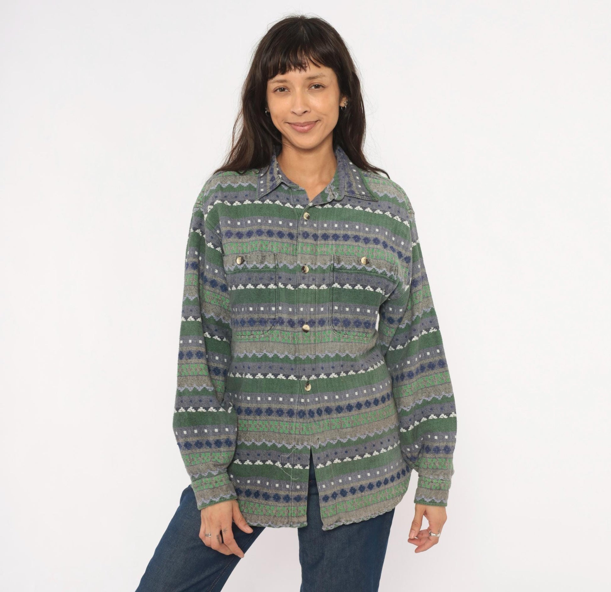 90s Point Zero Geometric Flannel Shirt Green Navy Jacquard Folk Pattern Medium