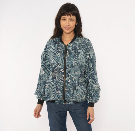 90s Silk Bomber Jacket Abstract Tribal Print Blue Grey Unisex Small