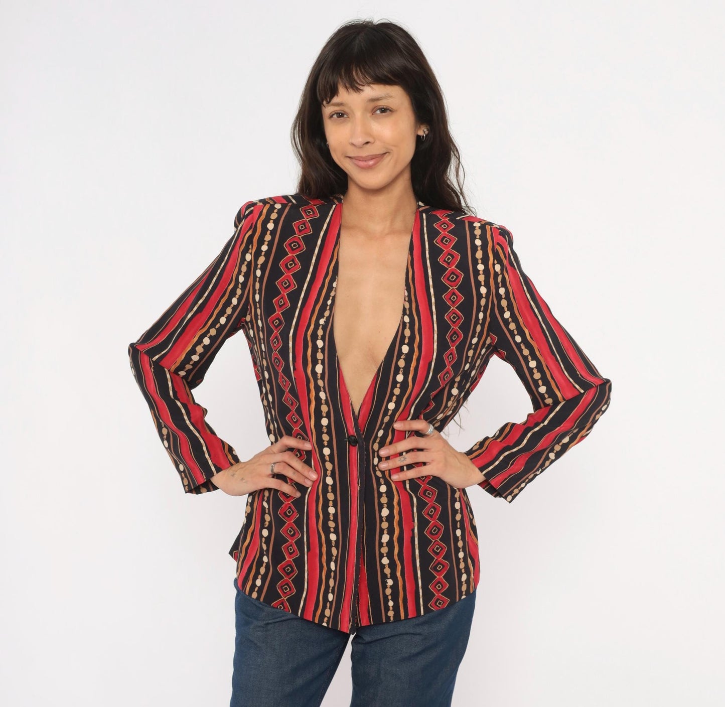 90s Southern Lady Tribal Stripe Blazer Collarless Geometric Black Small