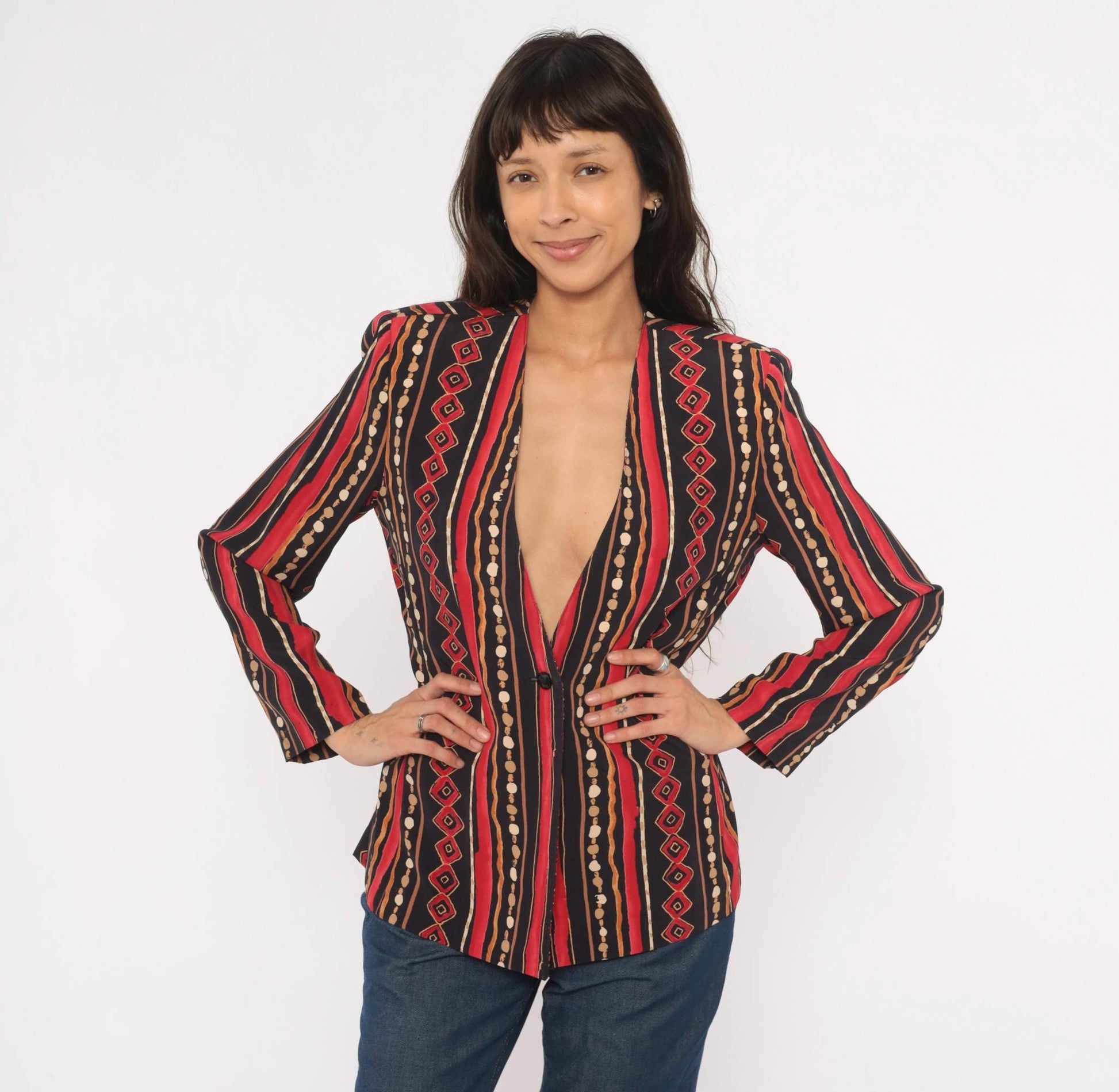90s Southern Lady Tribal Stripe Blazer Collarless Geometric Black Small