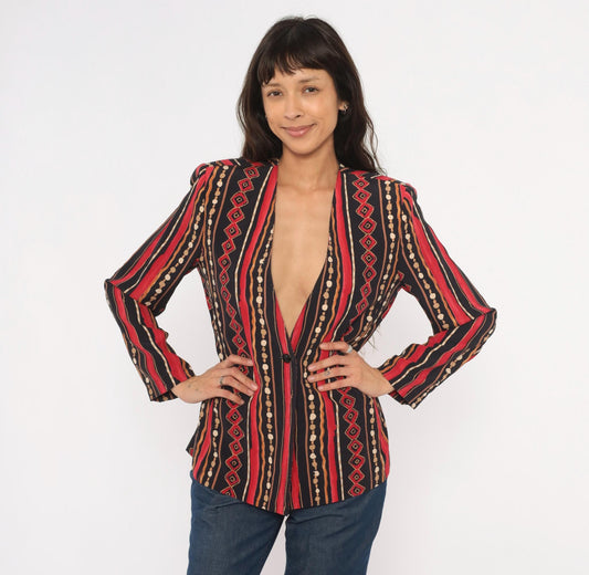 90s Southern Lady Tribal Stripe Blazer Collarless Geometric Black Small