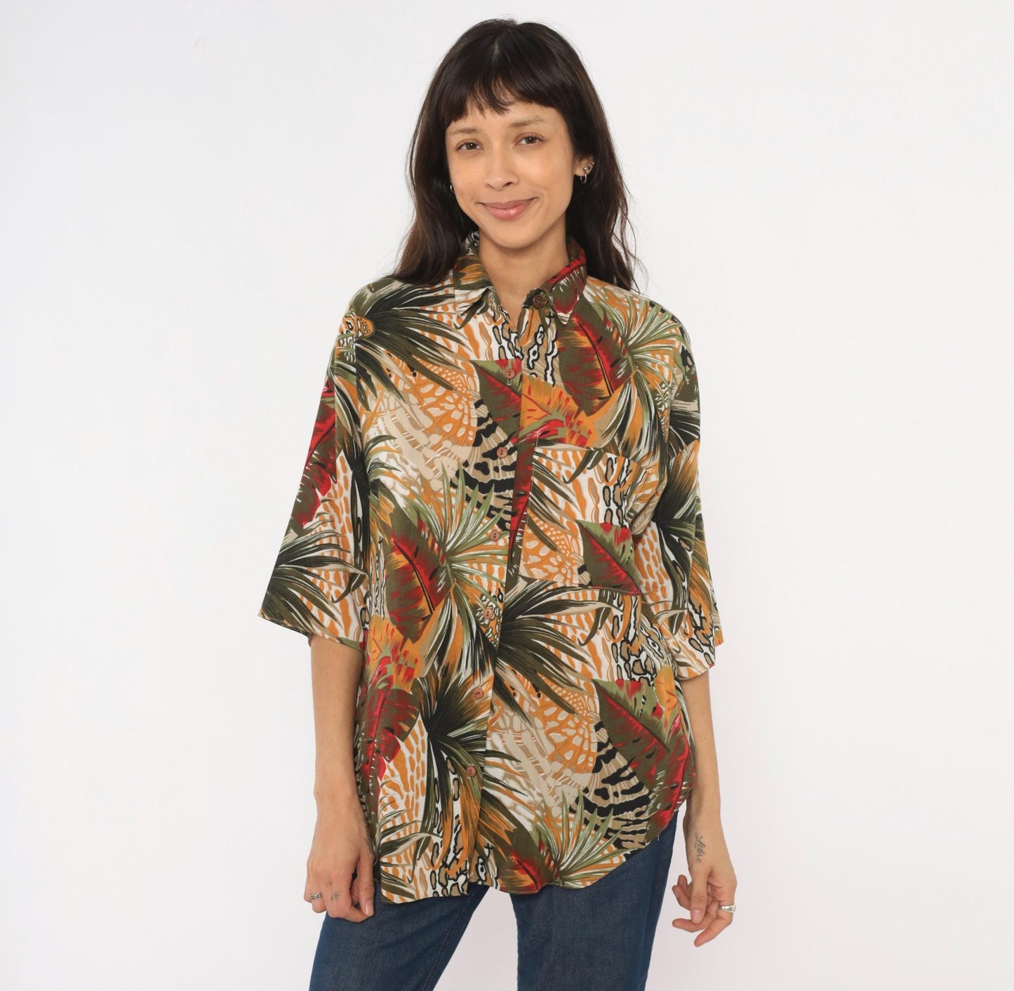 90s Touché LA Tropical Palm Leaf Print Shirt Mustard Olive Red Large L