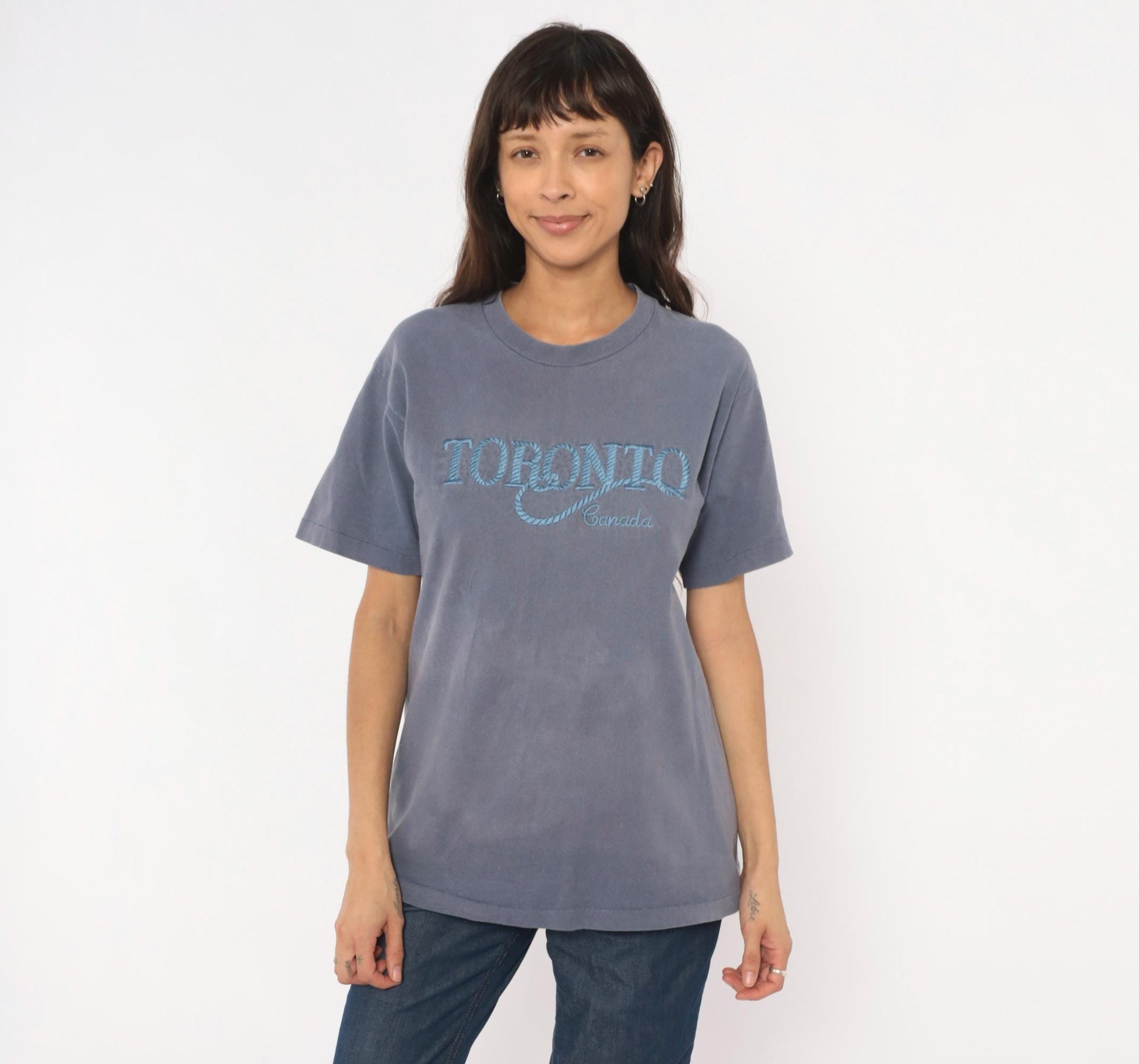 90s Toronto Canada Embroidered Tee Fruit of the Loom Slate Blue Grey Medium