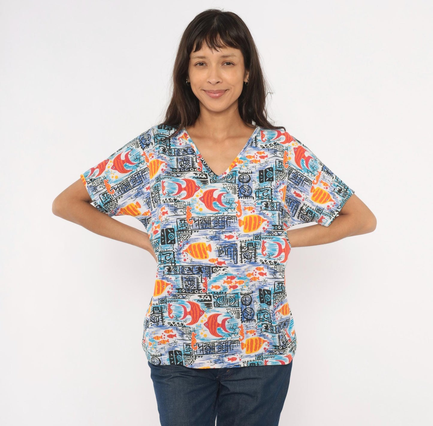 90s Barnett Tropical Fish Print Cotton Tee V-Neck Angelfish Seahorse Blue Orange Large L