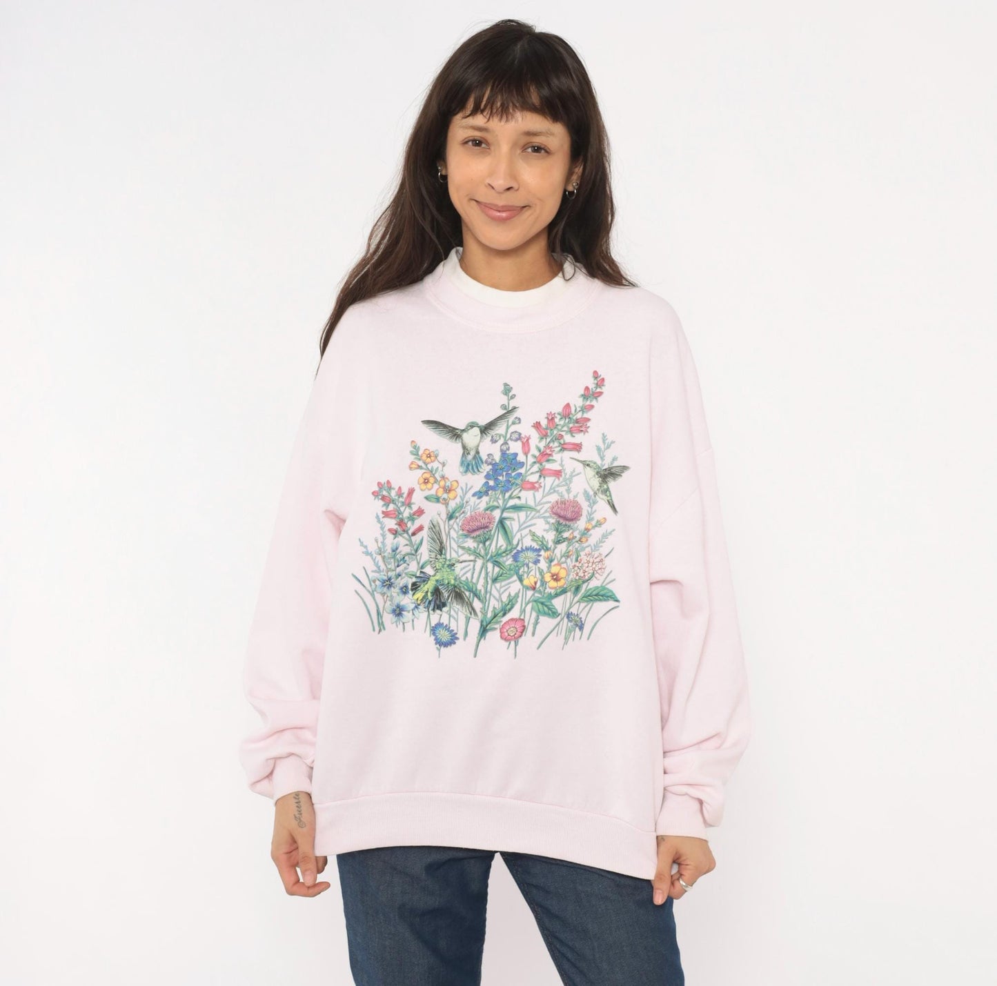 90s Jerzees Hummingbird Wildflower Sweatshirt Pink Crewneck Large L