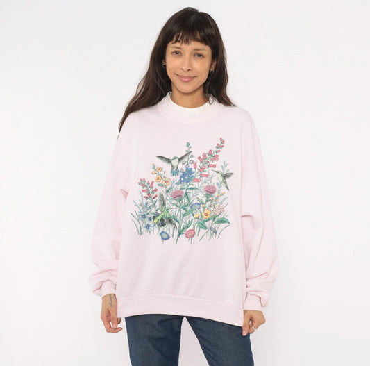 90s Jerzees Hummingbird Wildflower Sweatshirt Pink Crewneck Large L