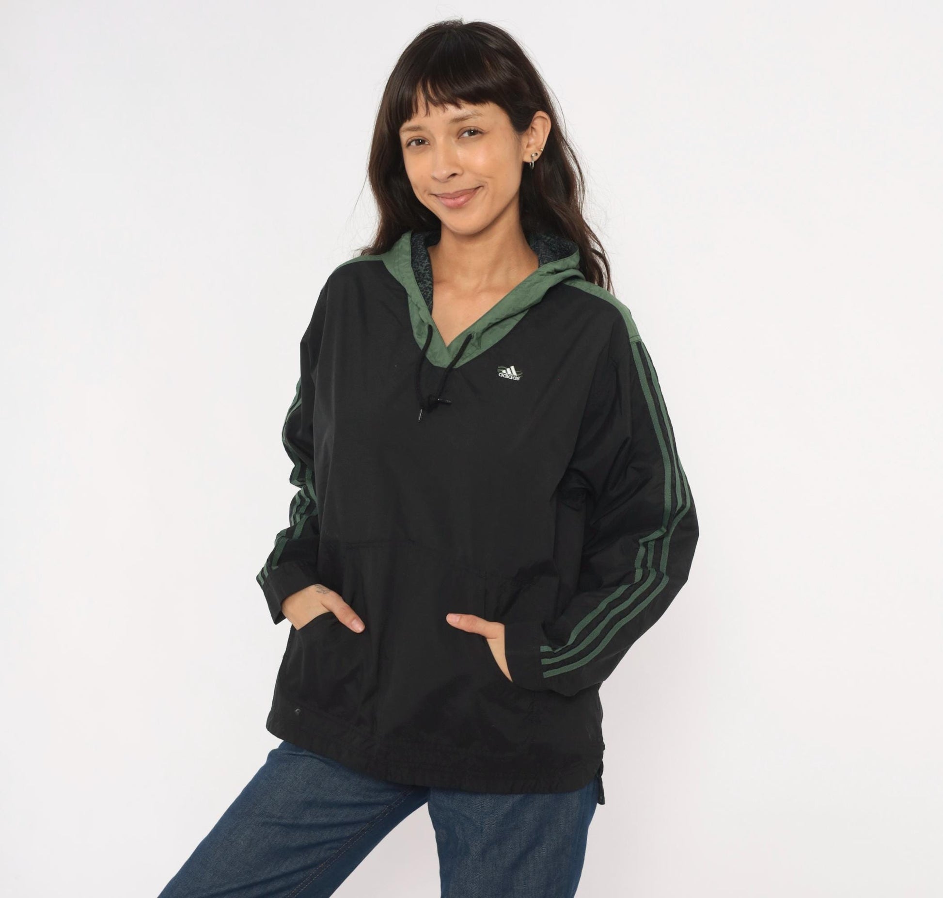 90s Adidas Pullover Windbreaker Black Olive Green Three Stripe Hooded Anorak Large L