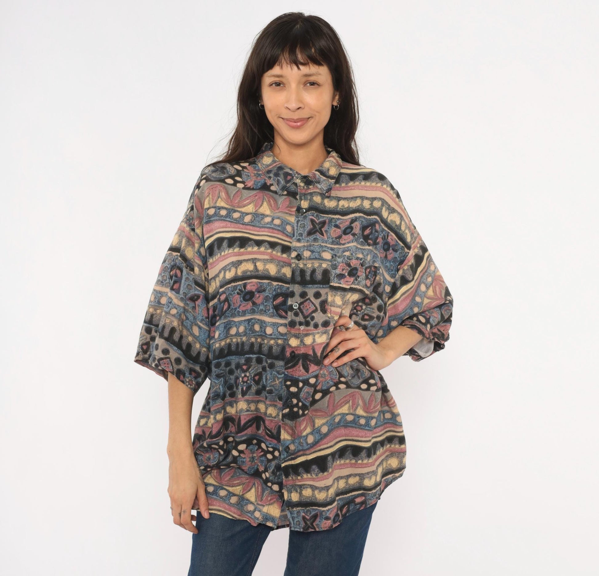 90s Hey Man Style Tribal Abstract Shirt Rayon Boxy Large L