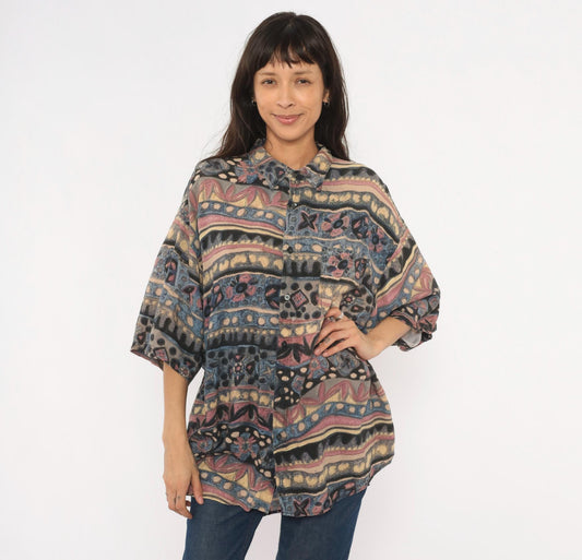 90s Hey Man Style Tribal Abstract Shirt Rayon Boxy Large L