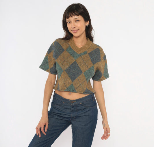 70s Brentwood Argyle Crop Sweater Wool V-Neck Tan Blue Small S