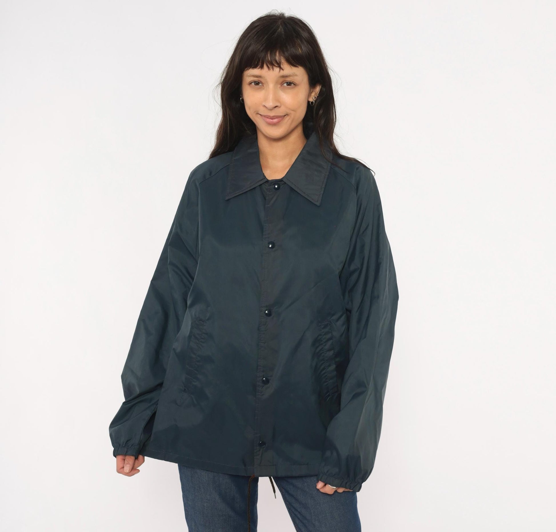 80s David Peyser Navy Coach Jacket Snap Front Windbreaker Nylon Large