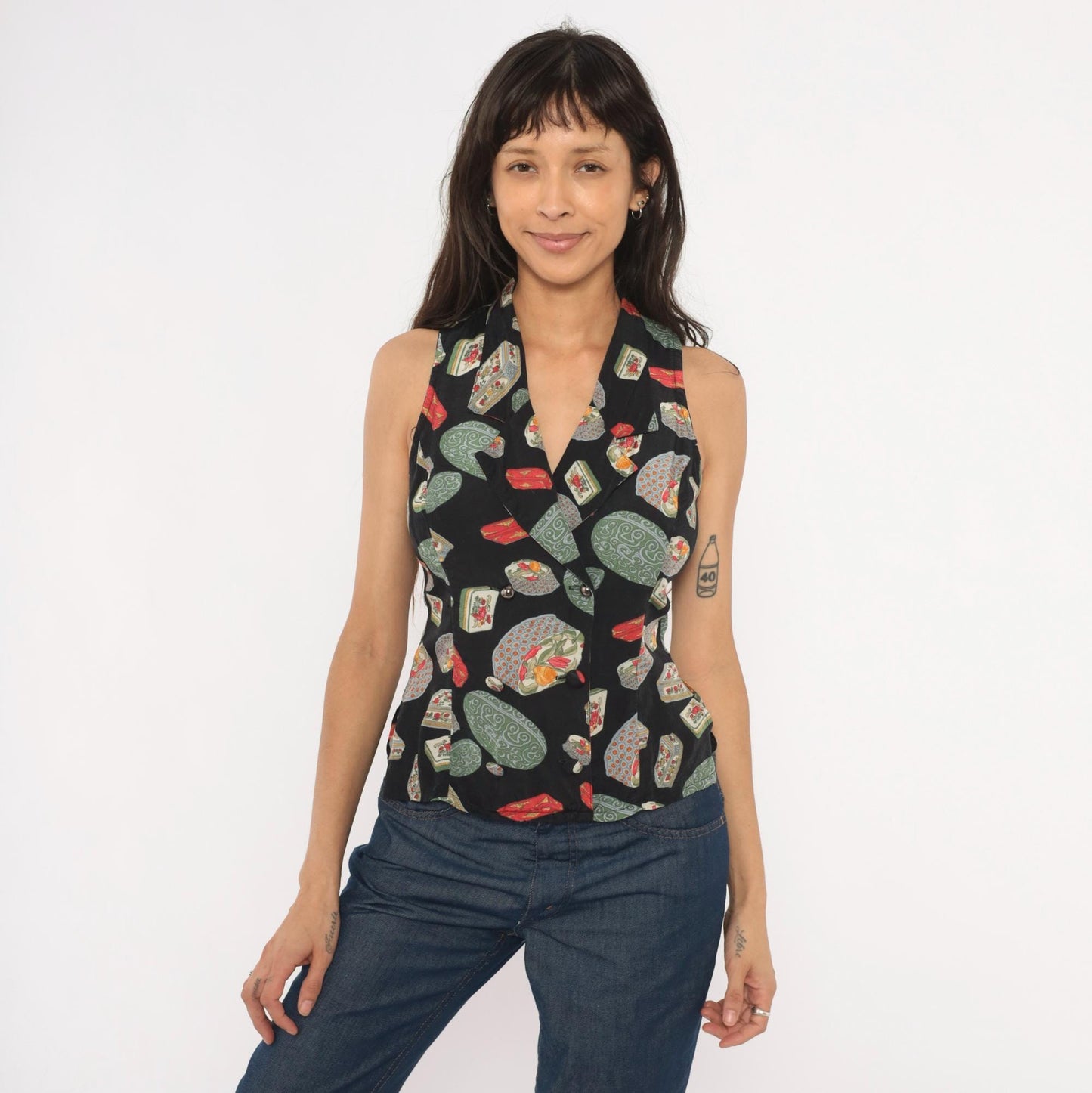 90s Paris Blues Novelty Print Halter Vest Black Green Red Small