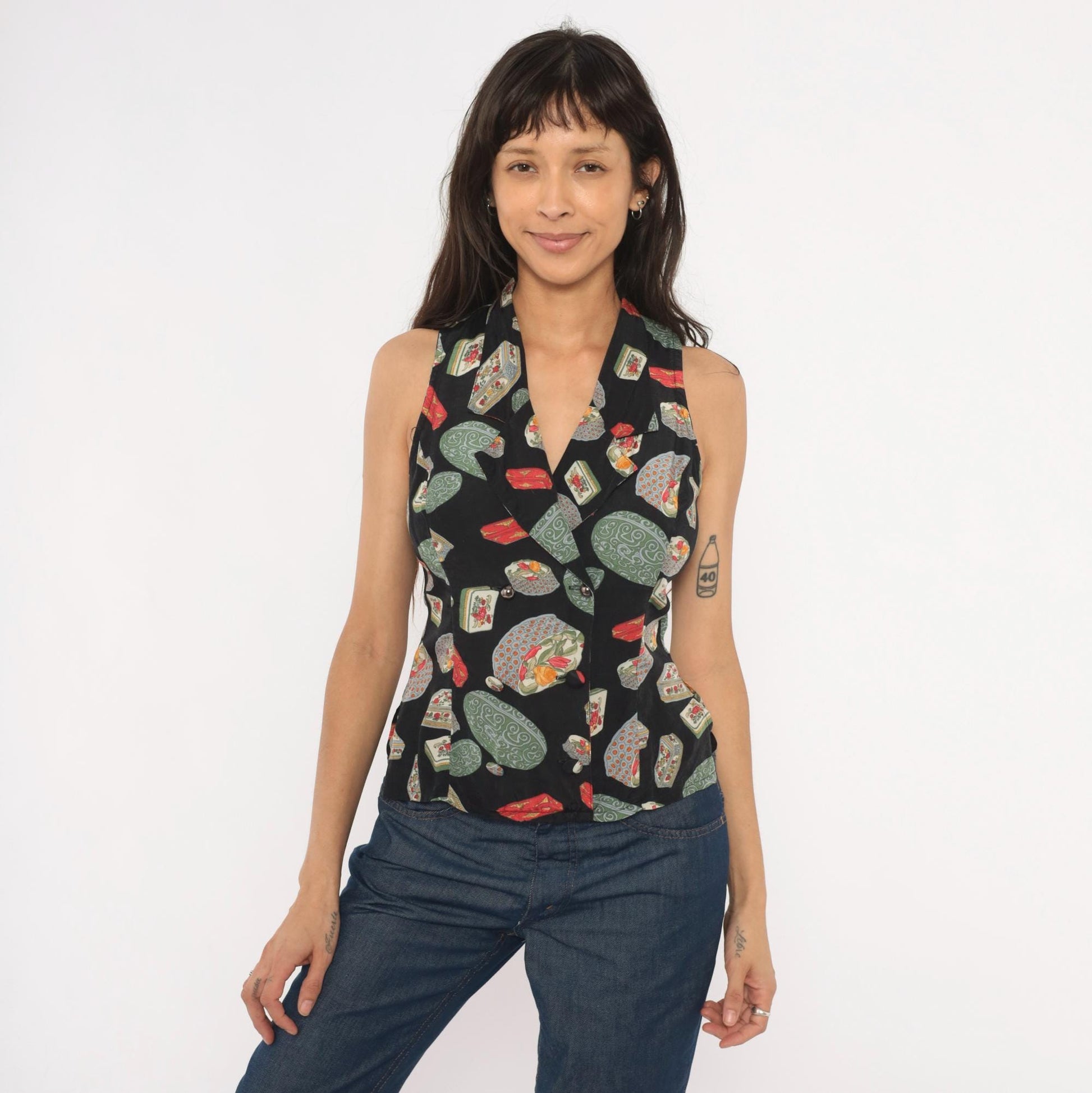 90s Paris Blues Novelty Print Halter Vest Black Green Red Small