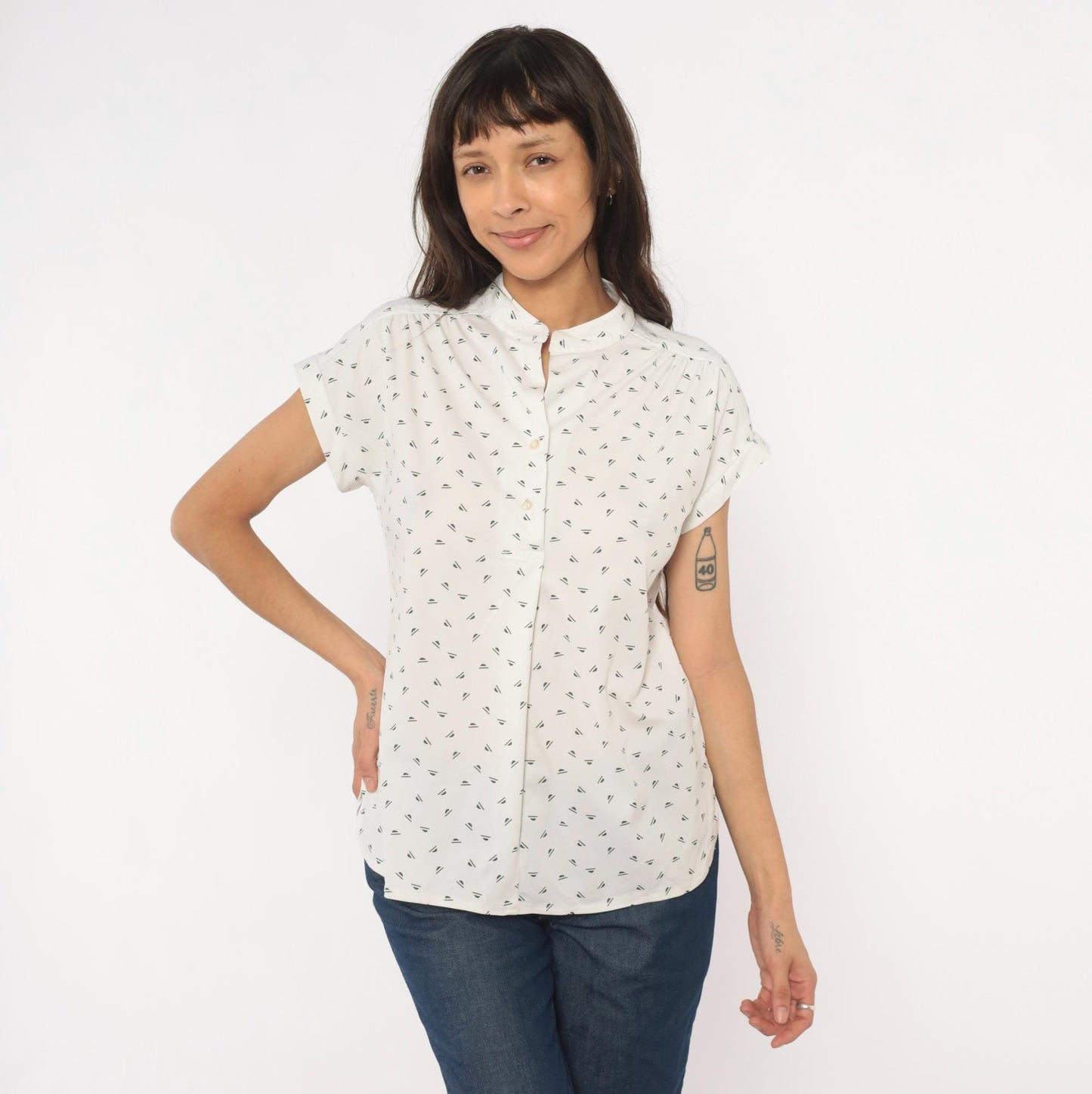 70s Mr. Fine Sailboat Print Blouse White Mandarin Collar Cap Sleeve Medium