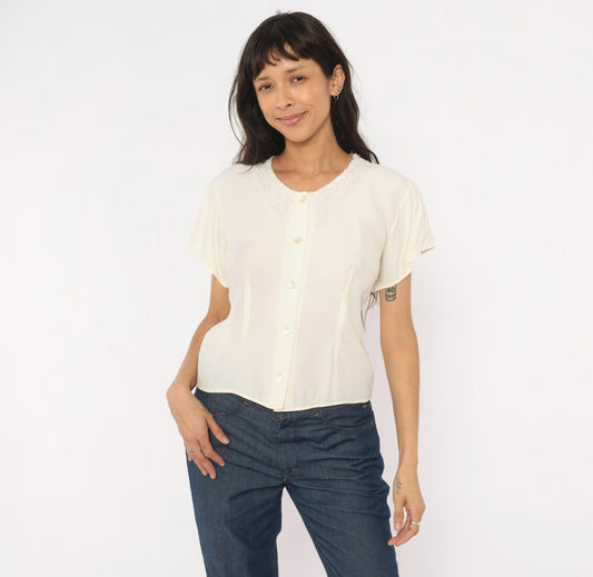 90s Cream Lace Collar Button Front Blouse Embroidered Scoop Neck Medium M