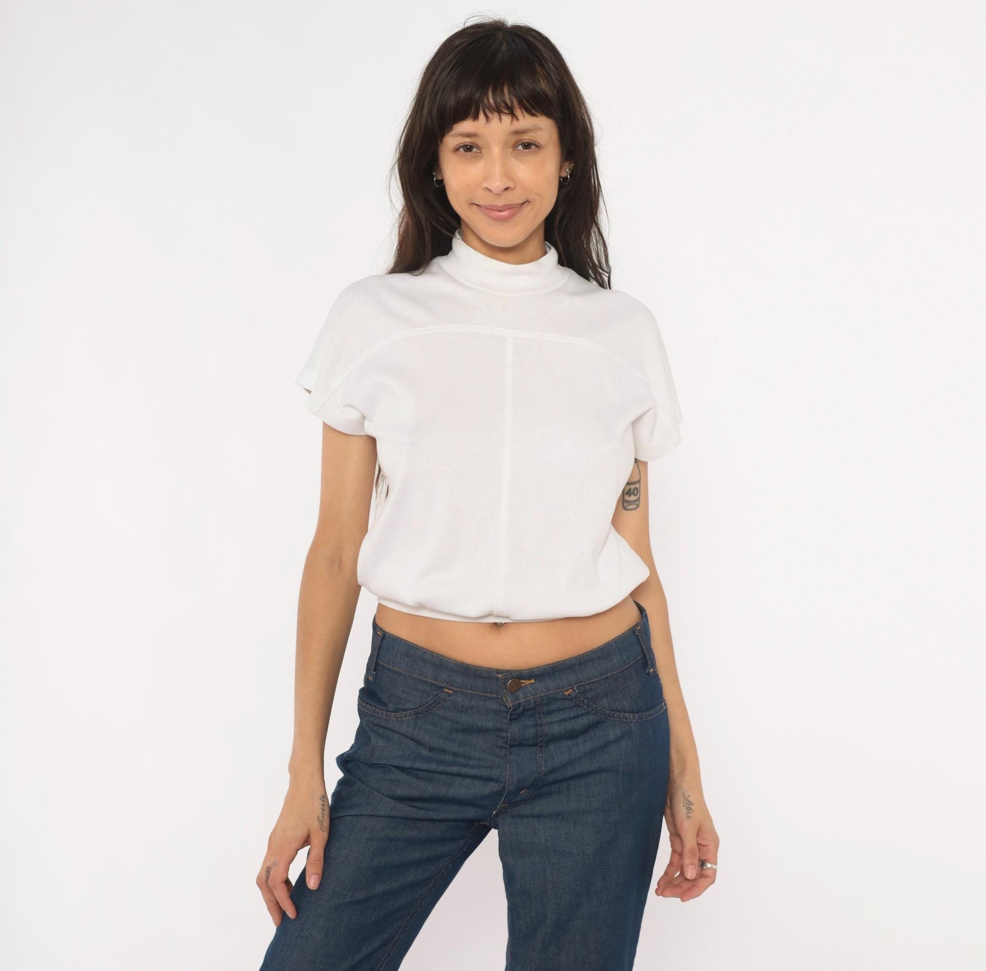 90s White Stag Mock Neck Short Sleeve Top Cream Cotton Pullover Small S