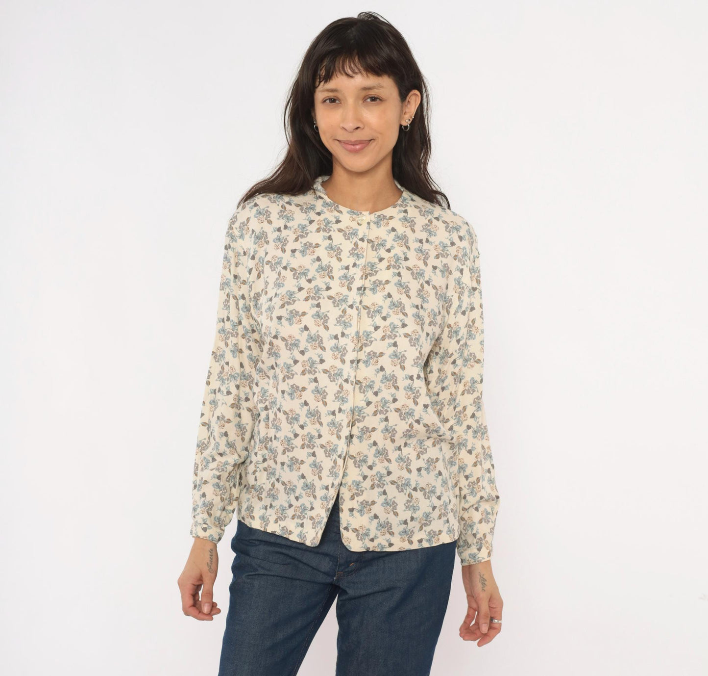 90s Josephine Chaus Floral Button Blouse Cream Puff Sleeve Collarless Medium M