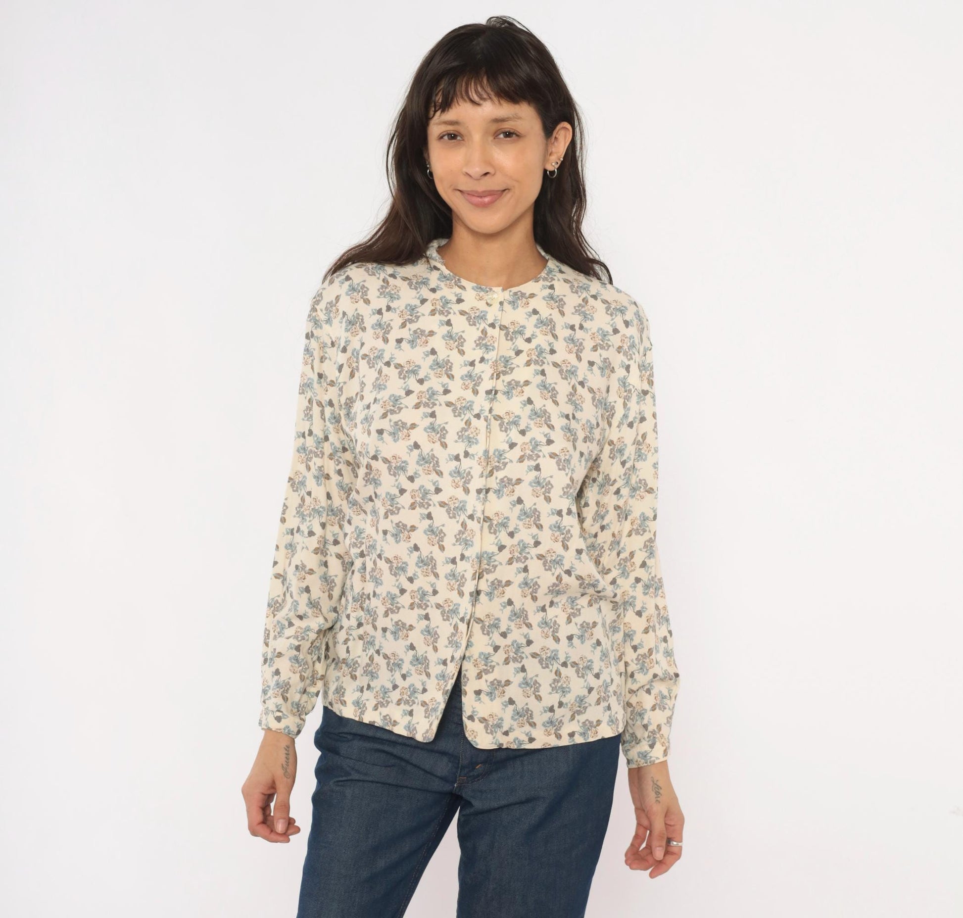 90s Josephine Chaus Floral Button Blouse Cream Puff Sleeve Collarless Medium M
