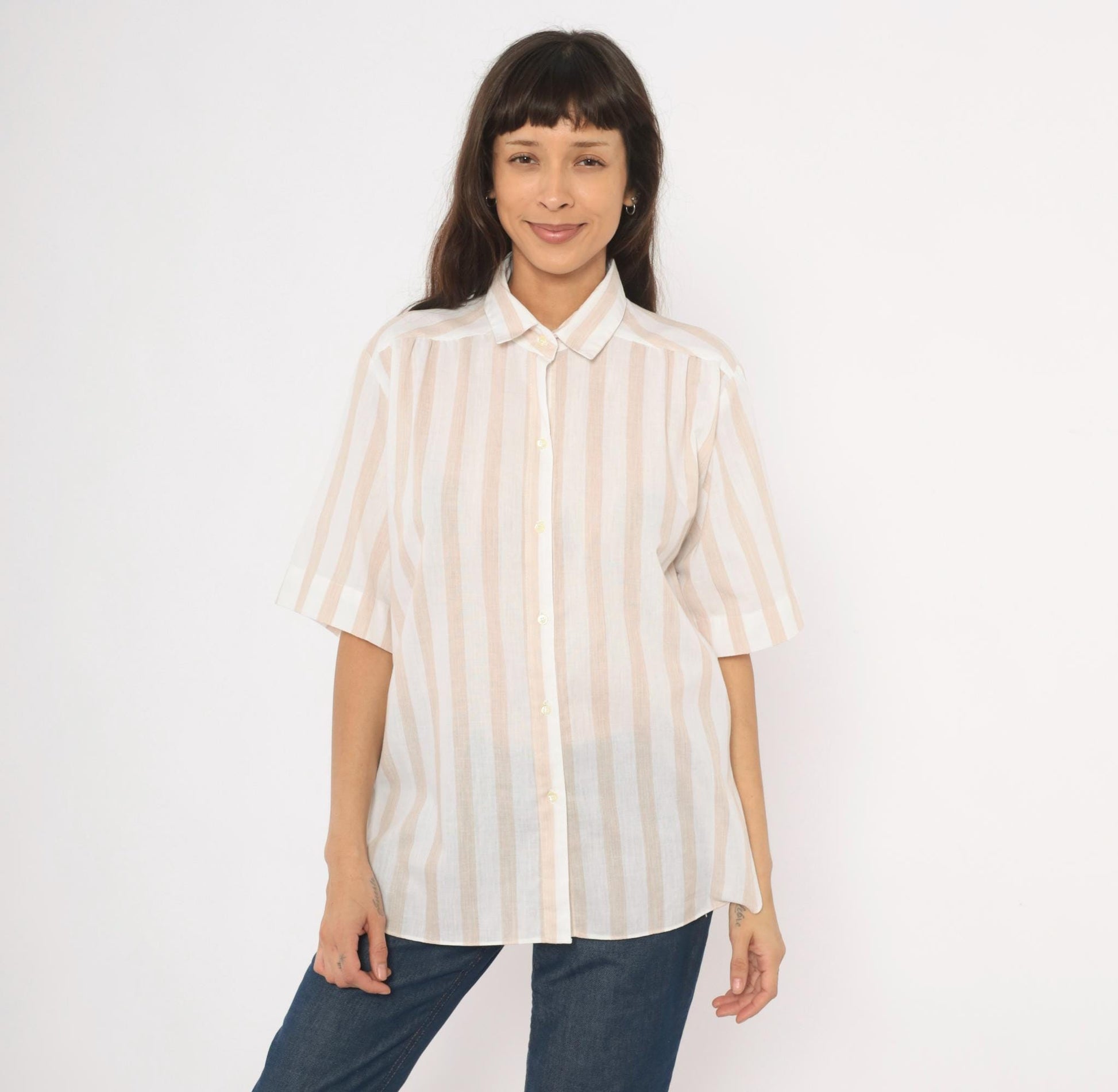 80s All Hours Cream Tan Striped Button-Front Blouse Pointed Collar Large