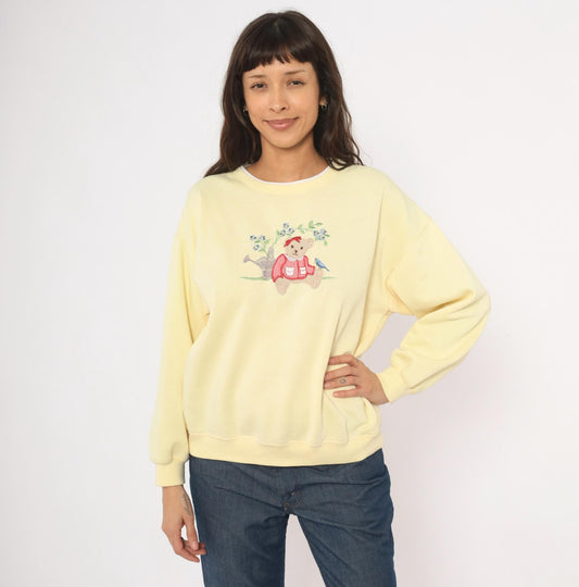 90s Classic Elements Teddy Bear Embroidered Sweatshirt Butter Yellow Crewneck Large L