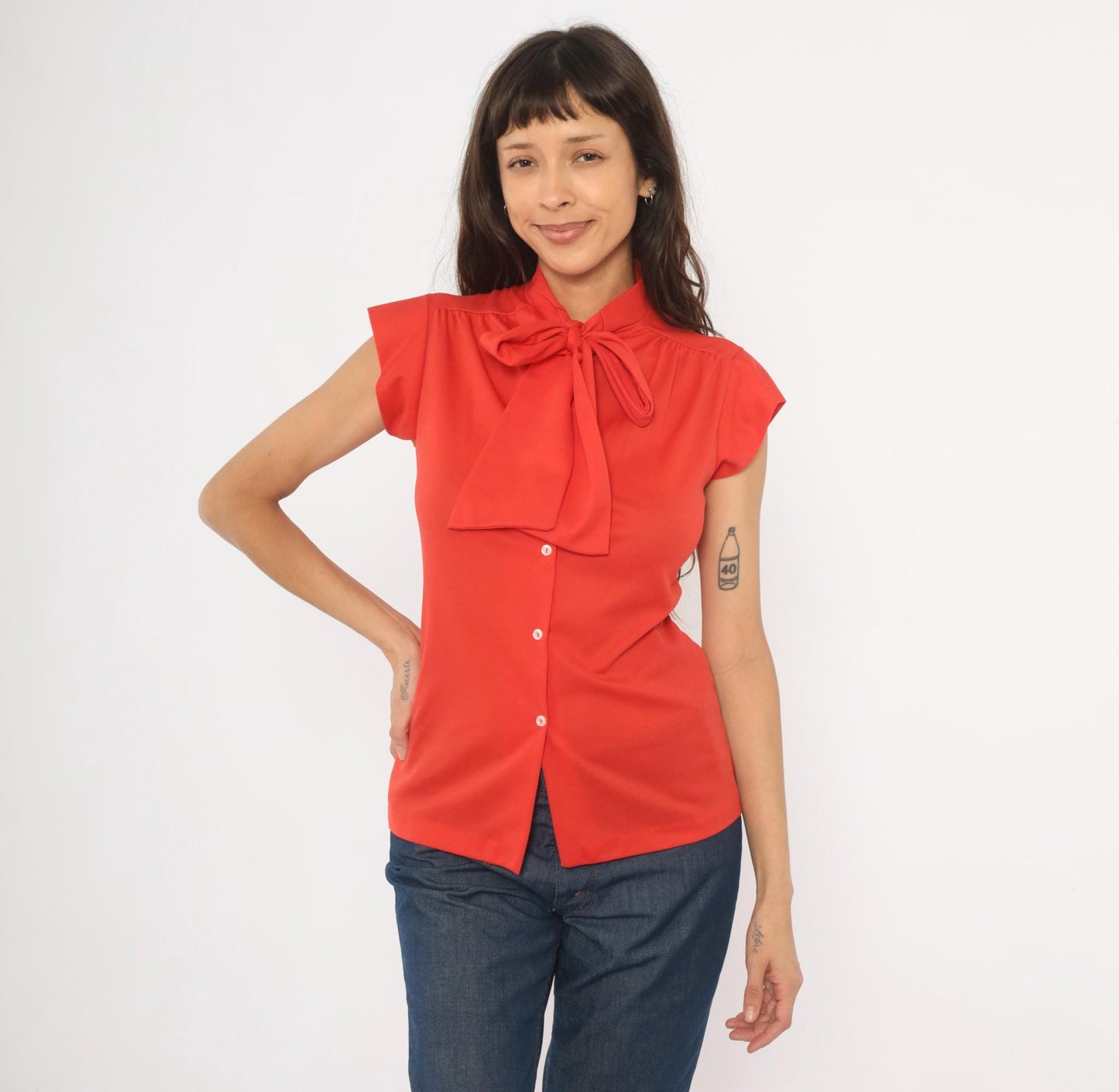 70s Red Bow Neck Blouse Cap Sleeve Button Front Polyester Small S