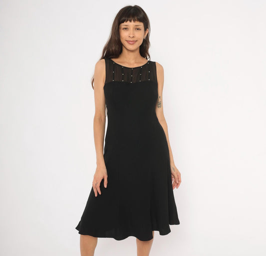 90s Evan-Picone Black Rhinestone Mesh Yoke Knee-Length Dress Medium M