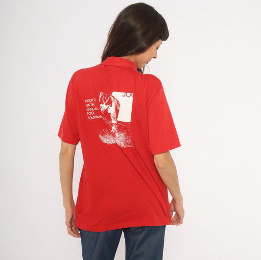 80s Stedman Pool Tournament Polo Shirt Red Billiards Graphic Large L