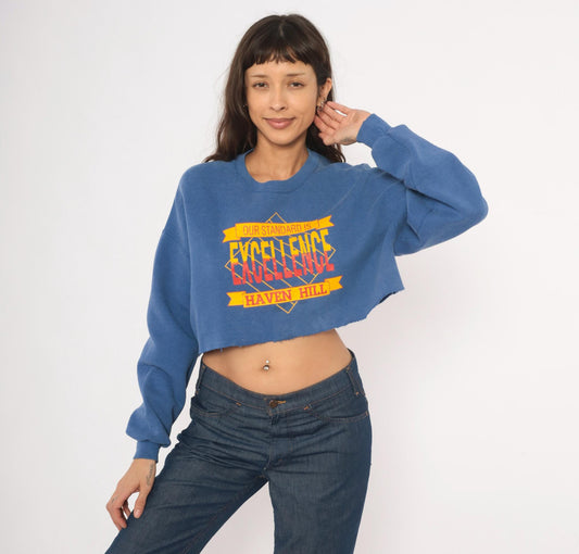 90s Jerzees Haven Hill Cropped Sweatshirt Cobalt Blue Graphic Crewneck Extra Large XL