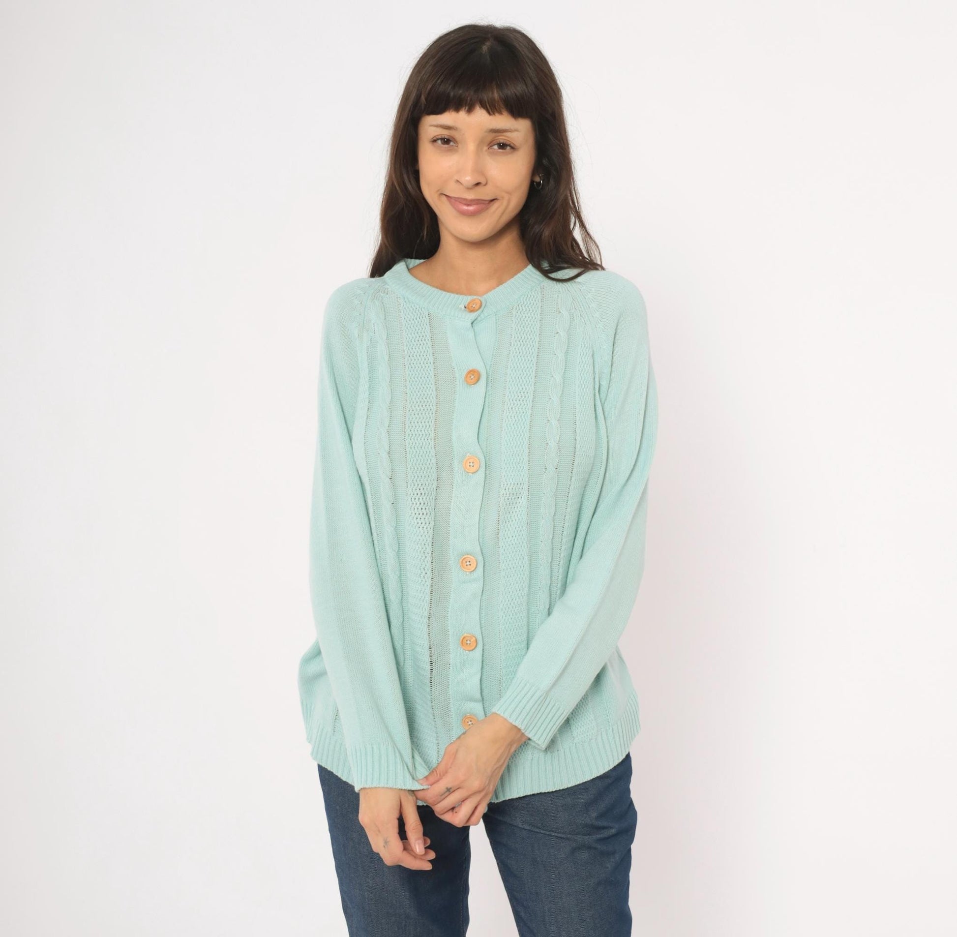 80s Seafoam Cable Knit Cardigan Mint Green Crewneck Medium M