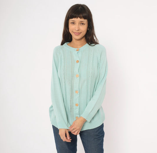 80s Seafoam Cable Knit Cardigan Mint Green Crewneck Medium M