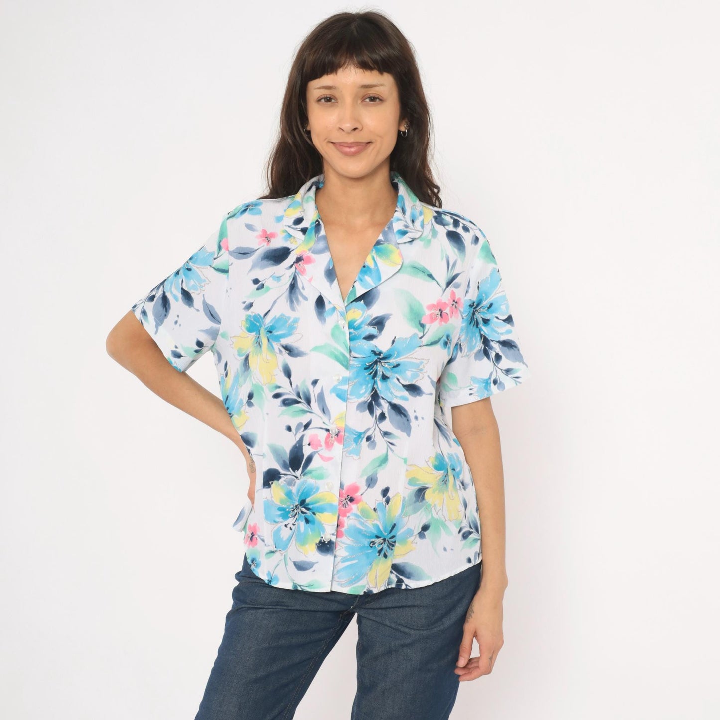 90s Alfred Dunner Watercolor Floral Camp Collar Blouse Blue Pink Yellow Extra Large XL