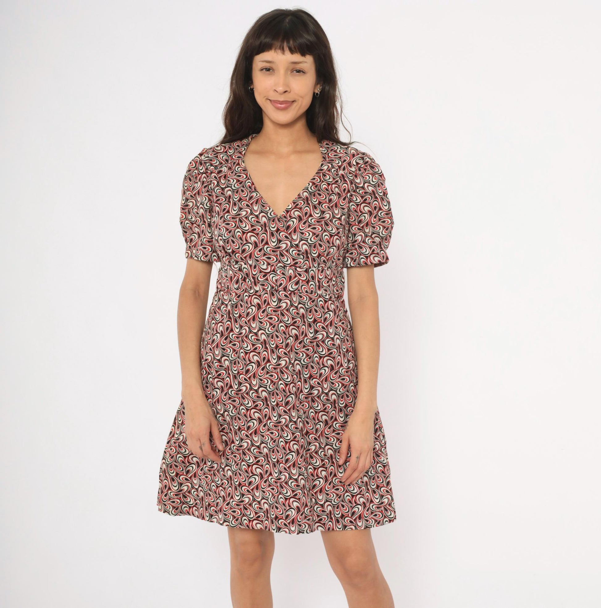 90s Psychedelic Swirl V-Neck Puff Sleeve Dress Red Black White Cotton Large L