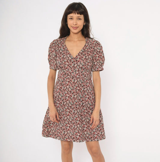 90s Psychedelic Swirl V-Neck Puff Sleeve Dress Red Black White Cotton Large L